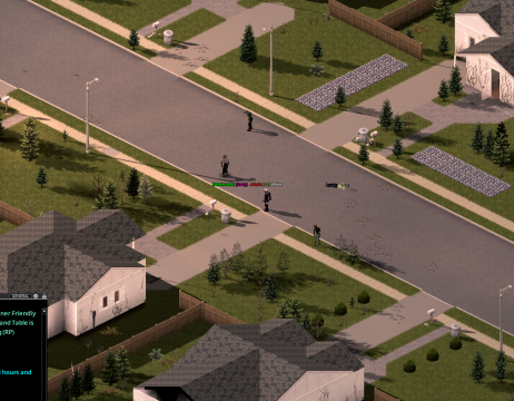 Low sun: trees, lamp posts and players all throw long shadows down the street.