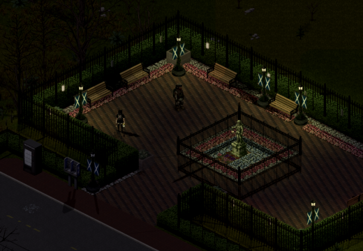 Street lamps light the park and cast their own shadows after dark.